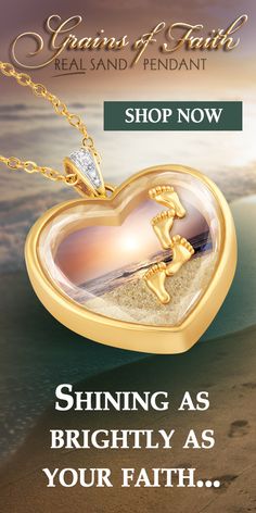 This pendant features an exquisite ocean sunset complete with REAL sand and a trail of gold-plated footprints! Order today! Ocean Sunset, Faith Prayer, National Treasure, Gold