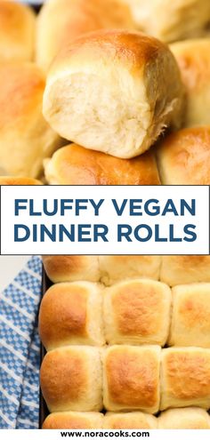 fluffy vegan dinner rolls stacked on top of each other with text overlay that reads, fluffy vegan dinner rolls