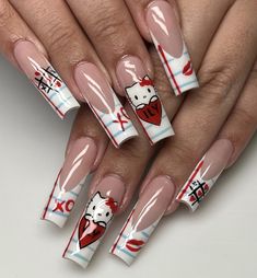 Nail Art Designs Hello Kitty, Matching Hello Kitty Nails, Hello Kitty Valentines Nails, Hello Kitty Nails Almond, Nail Designs Hello Kitty, Nails Vacay, Valentines Nails French, Nail Inspo Hello Kitty, Duck Nails Short