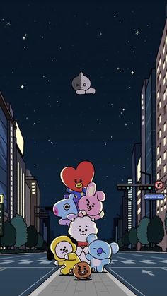 cartoon characters are standing in the middle of a city street at night with balloons floating above them