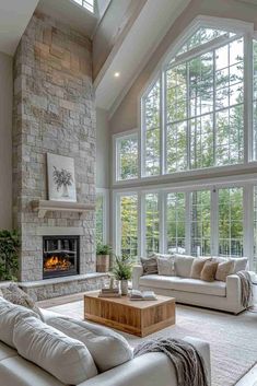 a living room filled with furniture and a fire place in front of a large window