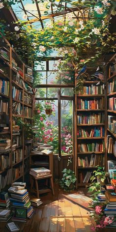 a painting of a room with bookshelves and flowers on the ceiling is shown