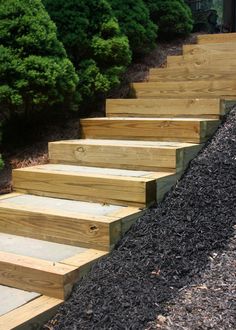 wooden steps leading up to the top of a hill in front of trees and bushes