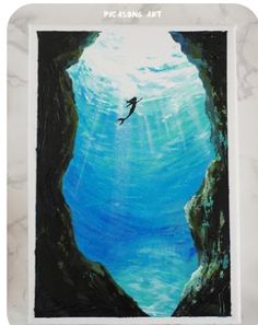 a painting of a person swimming in the ocean from an underwater cave with sunlight coming through