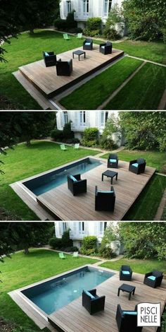 some chairs and tables on a wooden deck in the middle of a yard with grass