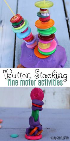 a stack of colorful buttons sitting on top of a wooden table with text overlay that reads button stocking fine motor activities