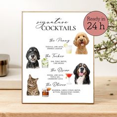 a greeting card with dogs, cats and cocktails on it next to a potted plant