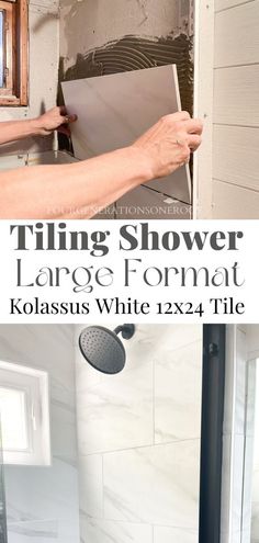 a man is fixing the shower head in his bathroom with white tile and black grouting