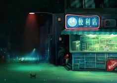 a cat walking in front of a store at night with neon lights on the windows