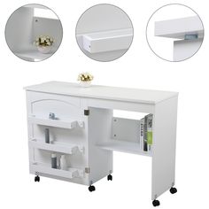 a white computer desk with drawers and shelves