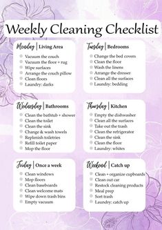 a purple floral cleaning checklist with the words weekly cleaning checklist written in white