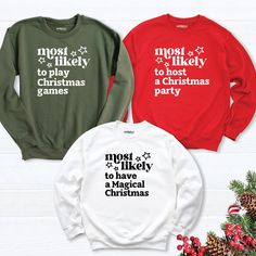 Funny Christmas Family Sweatshirts, Most Likely To Christmas Matching long sleeve, Family Holiday hoodie, Custom Christmas Group Sweatshirts Get into the holiday spirit with our festive collection of Christmas apparel! Our Christmas sweatshirts and Christmas hoodies are perfect for staying warm and cozy at any Christmas party or family gathering. Check out our matching sweatshirts for the ultimate coordinated look, and don't miss our funny "Most Likely To" Christmas sweatshirts for a touch of humor. Our Christmas Family tees and Family Long Sleeve shirts make wonderful gifts, bringing everyone together in festive style. For a personalized touch, explore our Custom Christmas tees and Family Holiday shirts. These Christmas gifts are sure to bring joy and cheer to your loved ones this season! Christmas Cotton Long Sleeve Sweater, Holiday Long Sleeve Tops As Gifts, Holiday Long Sleeve Tops As A Gift, Cotton Long Sleeve Sweatshirt For Holiday, Holiday Cotton Sweatshirt With Letter Print, Red Long Sleeve Christmas Hoodie, Christmas Graphic Print Long Sleeve Hoodie, Holiday Cotton Sweatshirt With Long Sleeves, Holiday Long Sleeve Cotton Sweatshirt