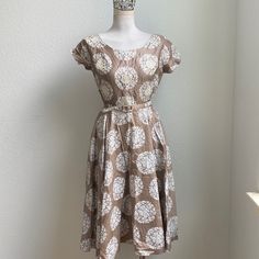 This Is A Original 1950s Swing Dress By Elaine Terry, Like New The Second Images Taken Off Of Pinterest To Show What It Would Look Like Ironed And With A Petticoat There Is No Size But The Mannequin Is A Us Size 4 For Reference Waist Is 13” & Bust Is 15” Cream Summer Dress In 1950s Style, Vintage A-line Dress With Fitted Waist, Retro Dresses With Pleated Waist For Daywear, Classic Summer Dresses For Vintage Events, Vintage Daywear Dress With Fitted Waist, Vintage Dress With Fitted Waist For Daywear, Vintage Dresses With Fitted Waist, Elegant A-line Dress With Vintage Pattern, Vintage Cream Tea Length Dresses