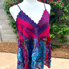 Sacred Threads Crochet Tie Dye Tank Top With Adjustable Straps Flowy And Comfortable Never Worn Euc Crochet Tie, Sacred Threads, Tie Dye Tank Top, Thread Crochet, Pink Purple, Adjustable Straps, Tie Dye, Thread, Dye