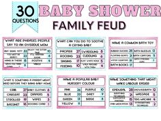 a baby shower game with the words, 30 baby shower questions and family fud