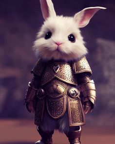 a rabbit dressed up as a knight with an armor on it's chest and ears