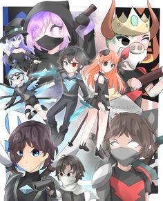 an image of some anime characters with different outfits and hair colors, all wearing masks