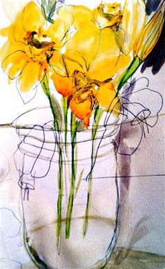 watercolor painting of yellow flowers in a glass vase on a white background with black accents