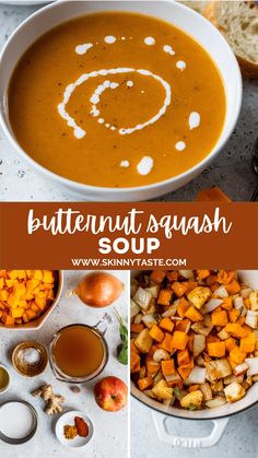 This cozy Butternut Squash Soup is sweetened with apple and seasoned with warming spices like ginger, cinnamon, and paprika. It’s made with coconut milk, so it’s also dairy-free and vegan. #soup #vegan #dairyfree #butternutsquash #healthyrecipes #weightwatchers Butternut Squash Ginger Soup, Butternut Squash Cinnamon, Healthy Butternut Squash, Butternut Squash Soup Recipe, Curried Butternut Squash Soup, Butternut Soup, Squash Vegetable, Butternut Squash Recipes Soup, Squash Soup Recipe