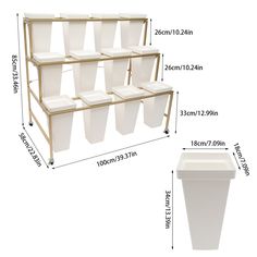 three shelves with bins on each side and one shelf holding several white plastic containers