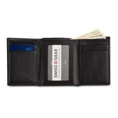 Tired of your old stretched out wallet? Using rubber bands to hold your cards and cash together? It’s time for a wallet that carries more in less space and looks great with everything. The Swissgear Trifold Wallet in black Napa leather gives you the convenience of a lightweight, compact size wallet when folded with plenty of capacity for everything you need. The inside of this small but mighty wallet is finished with four card slots, two slip pockets, one identification window and a large, lined Black Trifold Wallet With Interior Card Slots, Black Trifold Wallet For Everyday, Black Trifold Wallet For Daily Use, Black Trifold Wallet For Everyday Use, Classic Black Trifold Wallet For Everyday, Classic Black Trifold Wallet For Daily Use, Black Trifold Wallet With Card Slots For Travel, Classic Black Trifold Wallet For Everyday Carry, Black Trifold Card Holder For Daily Use