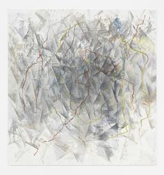 an abstract painting with white and grey colors on the bottom half of it, as well as lines in the middle