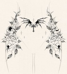 an artistic tattoo design with flowers and bats on the back of their wings, in black and white