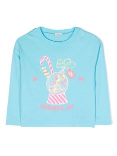 cyan blue cotton graphic print to the front round neck long sleeves straight hem