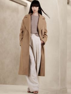 Pura Oversize Wool-Cashmere Wrap Coat | Banana Republic Camel Wool Coat Outfit, Unique Rave Outfits, Sweatpants Outfits, Tan Coat, Cashmere Blazer, Wool Trench Coat, Cashmere Wrap, Trendy Fall Outfits, Wrap Coat