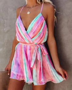 Lasaky - Rainbow Cami Mini Dress Backless Short Dress, Sundress Dress, Chiffon Fashion, Mini Cami Dress, Mini Dresses Summer, Fashion Colours, Color Style, Outfits Casuales, V Neck Dress