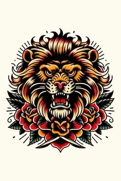 Illustrative Lion Tattoo, Traditional Style Lion Tattoo, Traditional Tattoo Lion, Lion Traditional Tattoo, American Traditional Lion, Traditional Tattoo Names, Gary Tattoo, Traditional Tattoo Painting