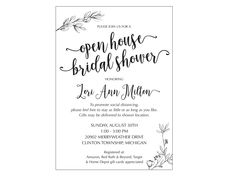 the open house bridal shower is shown in black and white