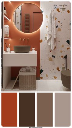 a bathroom with an orange and brown color scheme on the wall next to the sink