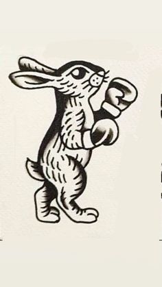 a black and white drawing of a rabbit with boxing gloves in his hands, holding a punching glove