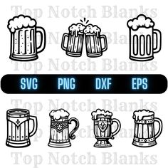 beer mugs and glasses with the words svg dxf eps