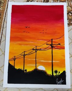 a painting of power lines at sunset with birds flying in the sky and trees on the other side