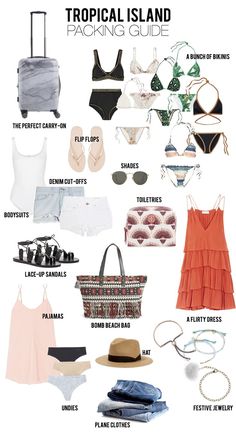 the tropical island packing guide is shown in this graphic, which shows what to pack