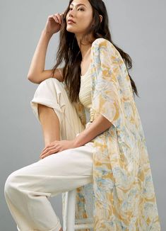 Nwt, Anthropologie Floral Kimono. Sheer & Gauzy! Open Front, Subtle Metallic Thread. 34" Long White Spring Vacation Outerwear, White Spring Outerwear For Vacation, White Summer Outerwear For Brunch, Feminine Summer Outerwear For Brunch, Yellow Kimono Outfit, Floral Kimono Outfit, Kimono Photography, Yellow Kimono, Modern Kimono