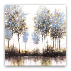 an abstract painting of trees by the water