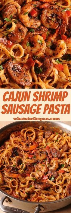 the recipe for cajun shrimp and sausage pasta is shown in two different pans