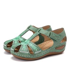 Category:Sandals; Upper Materials:Faux Leather; Embellishment:Embroidery; Season:Summer; Heel Type:Wedge Heel; Gender:Women's; Toe Shape:Round Toe; Style:Minimalism,Elegant,Casual; Heel Height(inch):3-4; Outsole Materials:PU; Occasion:Daily,Beach,Outdoor; Closure Type:Magic Tape; Pattern:Solid Color; Listing Date:03/21/2023; Production mode:External procurement; 2023 Trends:Platform Sandals,Wedge Sandals; Foot Length:; Foot Width:; SizeChart1_ID:2:179956; Size chart date source:Provided by Suppl Types Of Sandals, Summer Embroidery, Soft Sandals, Sandals Wedge, Head Style, Sandals Platform, Comfy Sandals, Wearing Style, Pu Heels