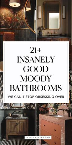 bathroom with black and white checkered flooring and wallpaper in the background text reads, 21 + insannely good mood bathrooms we can't stop obsesing over