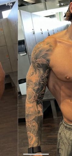 a man with tattoos on his arms and chest is taking a selfie in the mirror