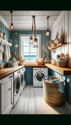 a washer and dryer in a small room with blue paint on the walls