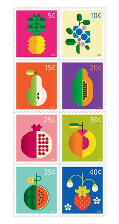 stamps with fruit and flowers on them