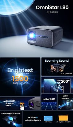 an advertisement for a projector with bright lights