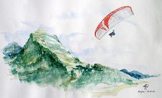 a watercolor painting of a person paragliding over a mountain