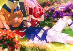 two anime characters sitting on the ground in front of flowers and grass, one is looking at her phone