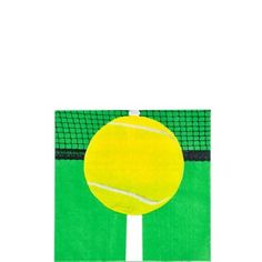 a yellow tennis ball sitting on top of a green and white court with a net