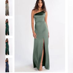 a woman in a long green dress with slits on the side and multiple pictures of her